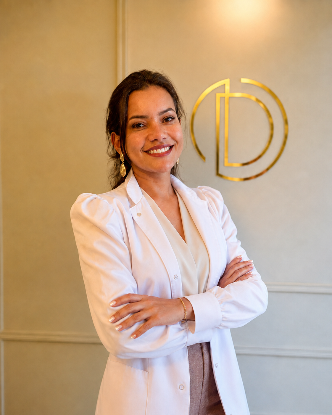 Dra. Daniele Oliveira na DO Clinic, em frente ao monograma dourado da clínica